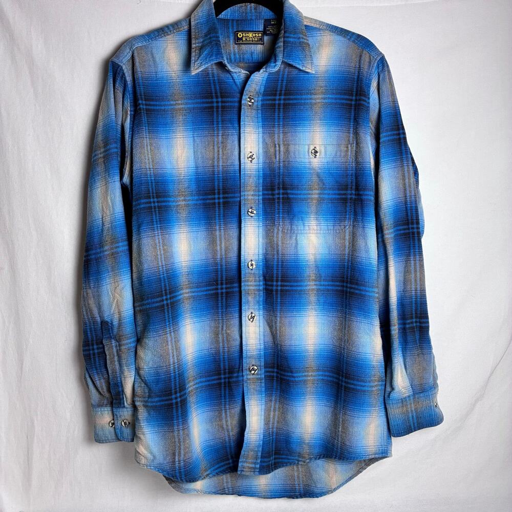 Vtg 90s OshKosh Shadow Plaid Flannel Shirt Mens MT Blue Ombre Grunge Cabincore